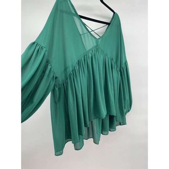 Umgee Women’s Top Medium Baby Doll Open Cross Cross Back‎ Balloon Sleeve Green - Picture 2 of 13